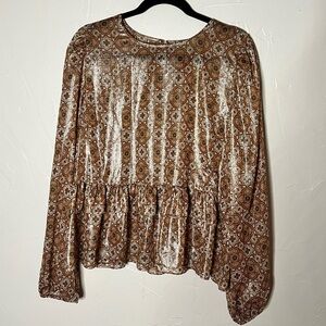Ryegrass Gold and Orange Metallic Peplum Long Sleeve Blouse in Size XL